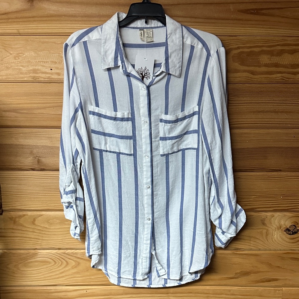 Japna Women's Casual White and Blue Striped Shirt Long Sleeve Size XL
